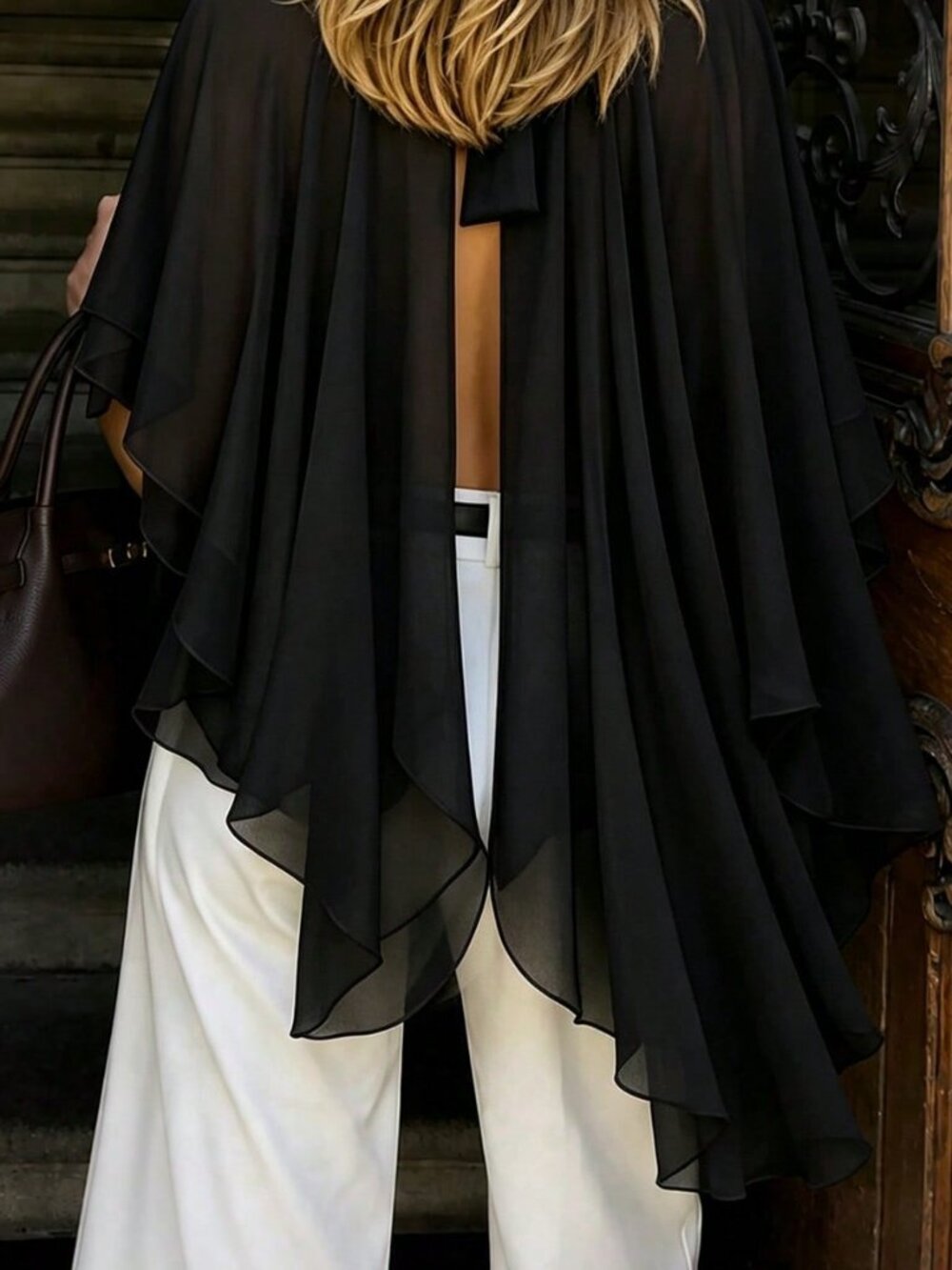 Black Casual Women's Regular Asymmetrical Halter Chiffon Batwing Crop Blouse - Picture 7 of 7